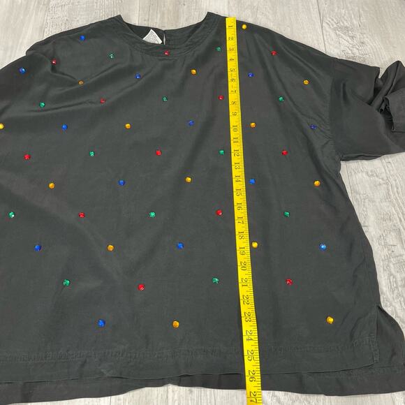 Vintage Black Silk 3/4 Sleeve Rainbow Polka Dot Stones Blouse Shirt Medium - Picture 7 of 9